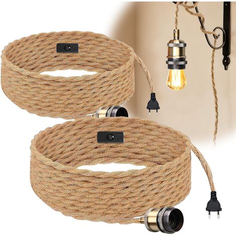 Lustre Corde de Chanvre de 2 Mètres, 2 Pièces Tête Unique Suspendue Câble de Lumière Corde E27 Prise, Vintage Lustre Corde Chanvre avec Prise Interrupteur, DIY Lampe Suspension pour Maison Chambre (1/5)