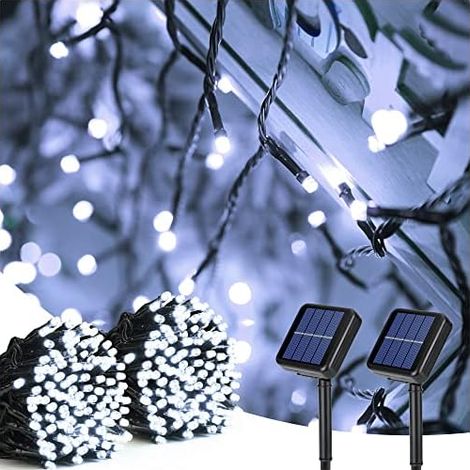 Guirlande Lumineuse Solaire, 2 Pack 20M 200 LED Exterieur Guirlande Solaire 8 Modes Etanche Sapin de Noël Intérieur Blanc Froid Lumière pour Jardin Terrasse Fête Mariage Cour Décoration