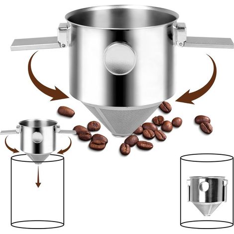 Filtre à café réutilisable en acier inoxydable, porte-filtre à café pliable et portable, filtre double couche sans papier. (1/5)