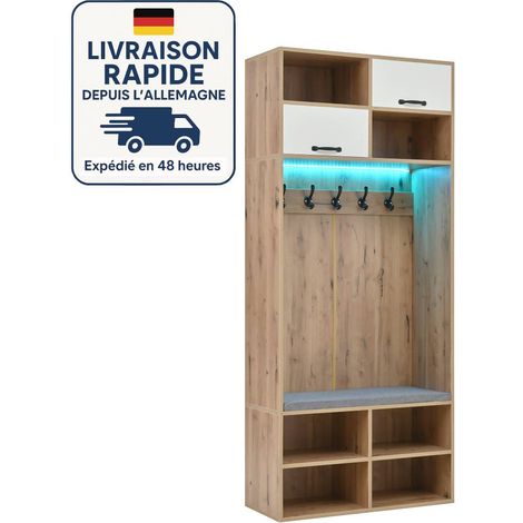 Mueble de entrada, perchero con banco - 5 ganchos, 2 puertas y 6 espacios de almacenamiento abiertos - Madera natural y blanco (1/5)