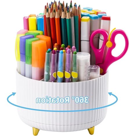 Porte-crayons - Organisateur de bureau rotatif à 360° - Accessoires de bureau avec 5 compartiments - Rangement pour stylos et fournitures de bureau à domicile - Blanc (1/5)