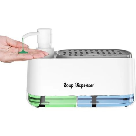 Distributeur de savon de cuisine 3 en 1 (blanc) avec double pompe et porte-éponge : organisateur de nettoyage efficace pour évier et plan de travail. (1/5)