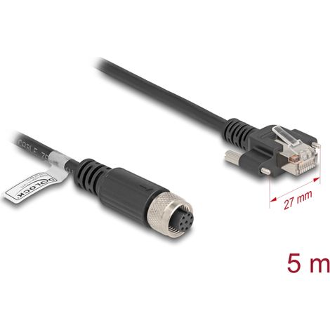 Delock M12 Cable A codificado 8 pines hembra a RJ45 macho con tornillos Cat.5e FTP 5 m negro