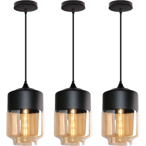 Suspension Luminaire Vintage Industriel Lustre Suspension Abat-jour en Verre Lustre Plafonnier Noir et Ambre E27 Ø18CM - 3Pcs (1/5)