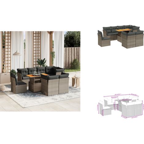 The Living Store Salon de jardin 9 pcs avec coussins gris résine tressée - Meuble de jardin (1/3)