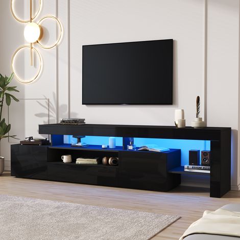 Mueble TV 192x37x53 cm para televisores de hasta 85 pulgadas con LED, 3 compartimentos y acabado negro brillante (1/5)