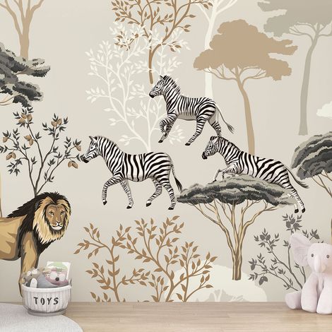 Papier peint panoramique Enfants - Animaux de la Savane - 130 cm x 74 cm (1/4)