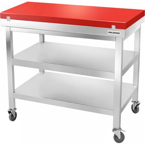 Table de travail en inox 1000x700 mm avec plaque de découpe rouge et 2 étagères sur roulettes PREMIUM - GOLDINOX (1/4)