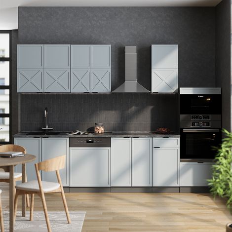 Küchenzeile Fame-Line, Hellblau-grau/Anthrazit, 300 cm mit Hochschrank, ohne Arbeitsplatte, Vicco