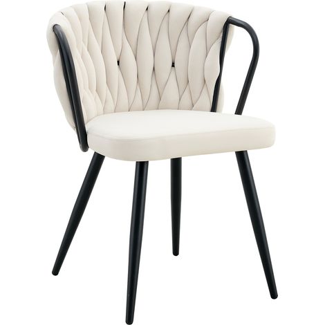 Lot de 1 Esszimmerstühle mit geflochtener Rückenlehne, gepolstertem Sitz, Samt und Metall, Beige und Schwarz (1/5)