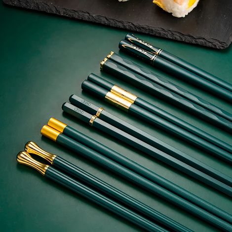 (Green Gold) 5 paires de couteaux réutilisables de style japonais, en métal, adaptés à une utilisation dans les cuisines chinoise et coréenne. (1/5)