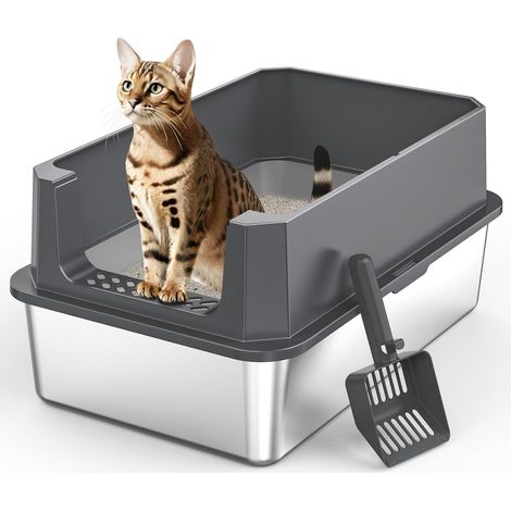 Stainless Steel Cat Litter Tray XL 28L Large Capacity Leak-Proof with High Edges, Open Design Easy to Clean with Scoop Included, 56.5 x 36.5 x 10 cm (1/5)