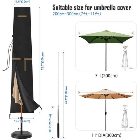 Housse Parasol Déporté Bache Parasol Deporte Housse de Protection pour Parasol avec Tige Télescopique et Fermeture éclair,Imperméable Anti-UV Housse Protection Parasol 200x30/40cm (1/4)