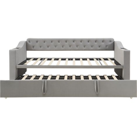 Sofá cama capitoné 90x190 cm gris con almacenaje, puerto USB y somier de láminas (1/5)