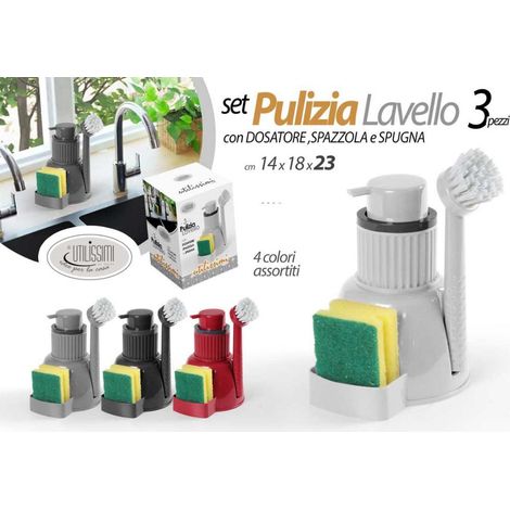 Set Lavello Dosatore Sapone con Portaspugna e Spazzola da Cucina 3 Colori (1/2)
