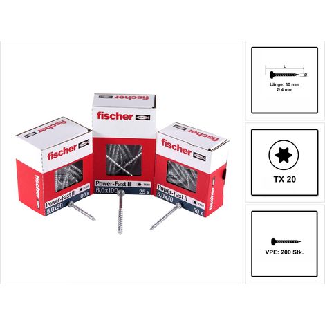 200 Vis à bois aggloméré Power-Fast TX20 Ø4 x 30 mm filetage total - Fischer