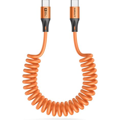 Câble spiralé USB C vers USB C, 2 pièces de 1,8 m【0,5 m-1,2 m】 Câble de recharge 60 W pour Android Auto, 17 16 15 Pro Max, Galaxy S24/S23, Google Pixel, iPad Pro, MacBook (orange) (1/5)