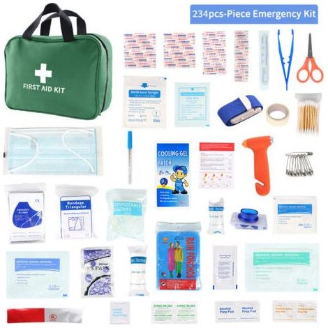 36 trousses de premiers secours différentes, contenant chacune 234 pièces, pour les familles en plein air, vertes. (1/3)
