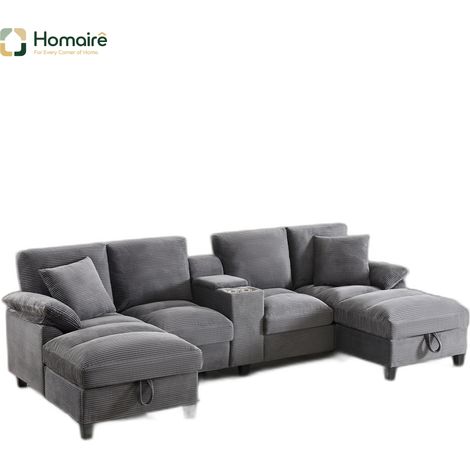 Canapé en velours côtelé gris avec rangement et port USB 293 x 142 x 93 cm HOMAIRE (1/5)
