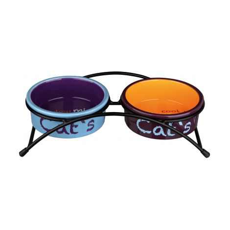 Set gamelles, en céramique/métal 2 × 0,3 L/ø 12 cm/26 × 7 × 13 cm, gris clair/vieux rose/bleu clair (1/2)