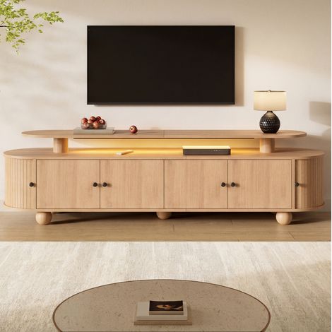 Meuble TV double niveau 180 x 40 x 48 cm, LED d'ambiance, MDF naturel HAVRYA (1/5)