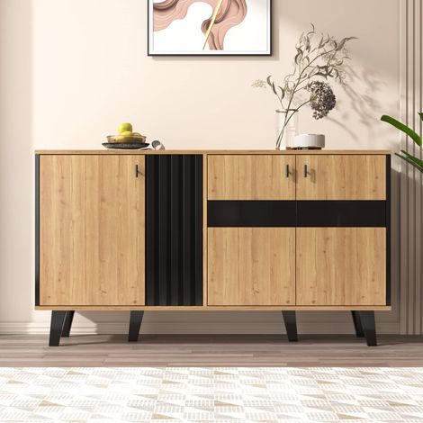 Buffet 140 x 41 x 78.5 cm, meuble de rangement LED, 3 portes avec insert en verre, panneaux de particules, bois naturel (1/5)