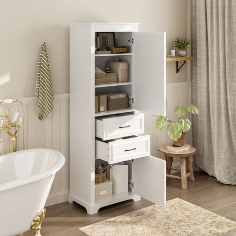 Armario alto de baño 60x40x180 cm blanco MDF con 2 cajones, 2 puertas y estantes ajustables (1/5)