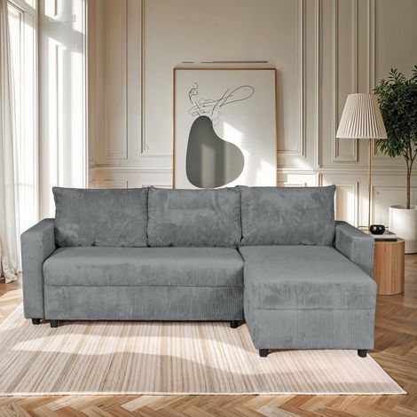 Canapé d'angle convertible et réversible avec coffre THEO en velours côtelé / Gris/ L230xH88xP145 cm (1/5)