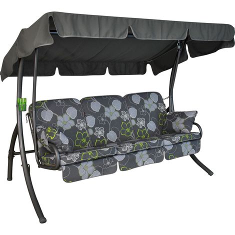 Balancelle de Jardin Comfort 3 Places, Acier Galvanisé, Convertible en Lit, Toit Parasol Réglable, Coussins Rembourrés (Gris-Vert à Fleurs) (1/5)