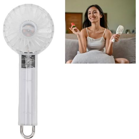 Ventilador portátil y transparente con 3 velocidades, funcionamiento silencioso, batería de larga duración y puerto de carga USB-C, ideal para viajes, acampadas y la playa. (1/5)