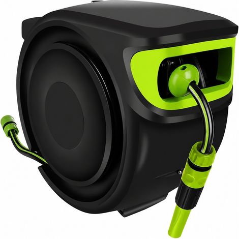 Enrouleur de tuyau d'arrosage automatique avec fixation murale, 25 m, pistolet d'arrosage, rétractable, noir et vert (1/5)