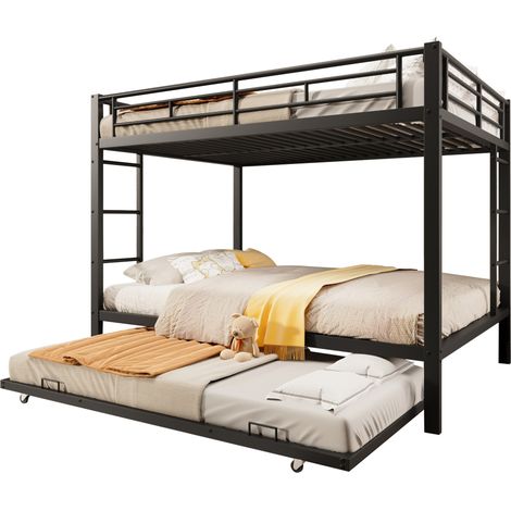 Lit superposé 140x200 cm avec lit gigogne, cadre en métal noir et hautes barrières de sécurité, gain de place pour chambre d'enfant et famille - CHICFURN (1/5)