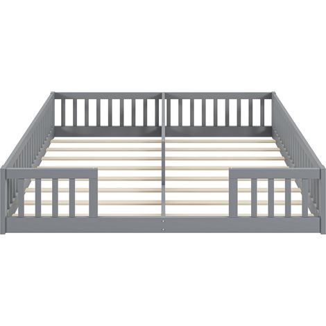 Cama infantil doble 90 x 200 cm con barreras y somier de láminas, pino y MDF, gris (1/5)