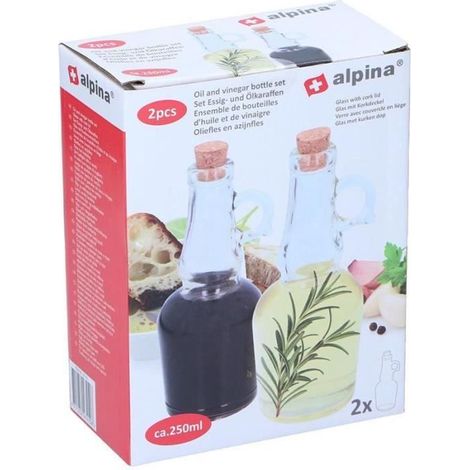 Alpina - Glasflasche mit Korken für Olivenöl/Essig 250 ml 2 Stk.