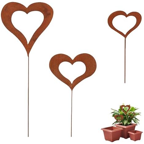 Lot de 3 Piquets en Forme de Cœur d'amour Rustique en Métal Rouillé (1/5)