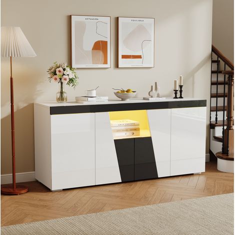 Sideboard 140/40/65 cm bianco e nero con 4 ante, LED e ripiani regolabili (1/5)
