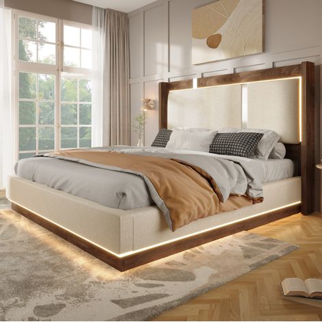 Polsterbett 140 x 200 cm mit LED, Lattenrost und Hydraulik, Beige und Nussbaum HAVRYA (1/5)