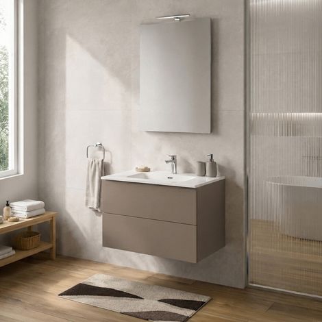 Mobile bagno sospeso 70 cm tortora due cassetti push-pull e lavabo Tierra (1/5)