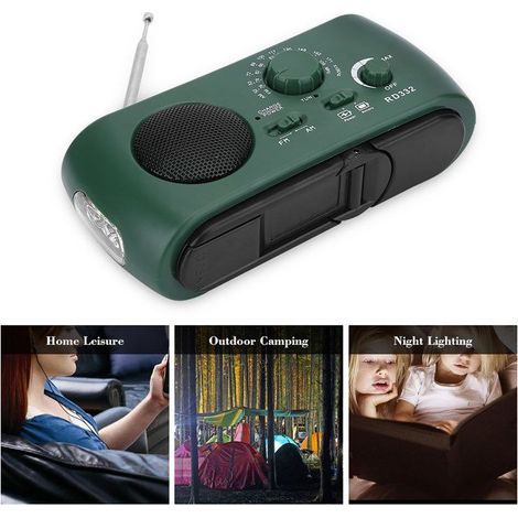 Radio solaire dynamo AM/FM – Lampe torche 3 LED, chargeur d’urgence 5 V – camping et survie – 15×7 cm, vert/blanc (1/5)