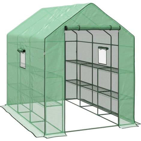 3-Tier Walk-in Greenhouse with 12 Shelves,Reinforced PE Cover,Roll-up Door,Mesh Windows,140x213x190 cm,Ideal for Garden Plants
