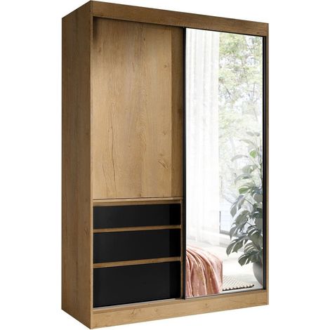 Armoire Toledo 115, Chêne de Lefkas + Noir mat, 216x140x65cm, Portes d'armoire: Coulissantes, Nombre d'étagères: 1 (1/5)
