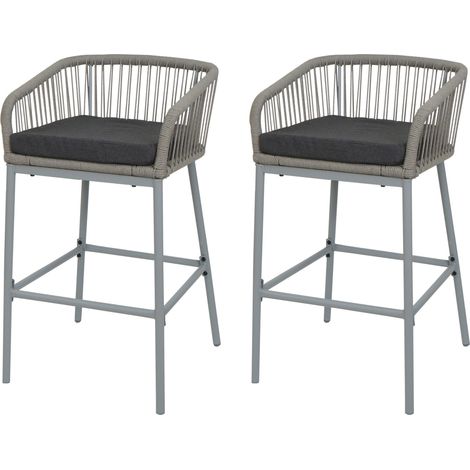 Juego de 2 taburetes de bar de cuerda HHG-994, taburete de mostrador, cojín de asiento de exterior de cuerda de metal, gris claro, cojín gris oscuro (1/5)