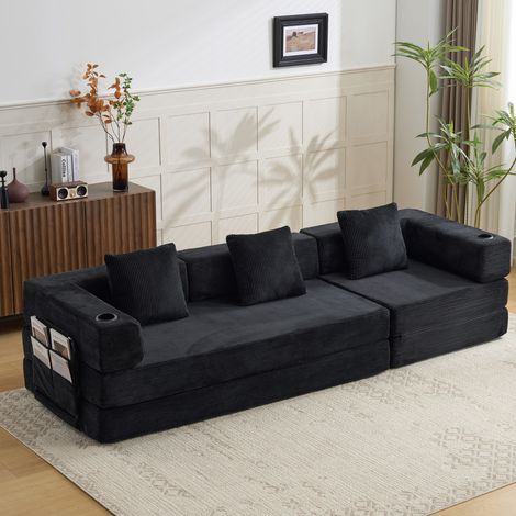 Sofá cama de suelo de terciopelo acanalado con reposabrazos, negro DESVIAE (1/5)
