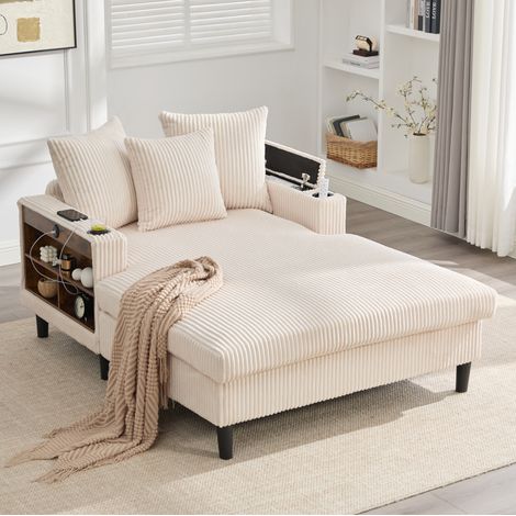 Méridienne 1 plaza de pana beige con LED, USB y almacenamiento DESVIAE (1/5)