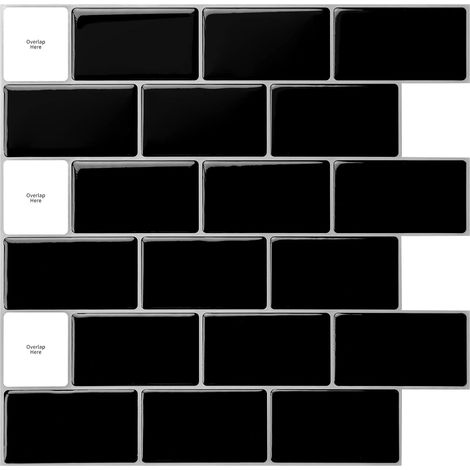 Lot de 10 Pièces Crédence Adhésive Cuisine Salle de bains Imperméable à l'eau,pour la cuisine salle de bains,Peler et coller,Noir (1/5)