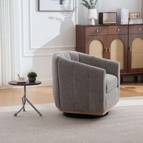 Tabouret pivotant 360° en velours côtelé gris, piètement métal, fauteuil club rembourré forme citrouille avec pompons, parfait pour salon, chambre ou séjour. (1/5)