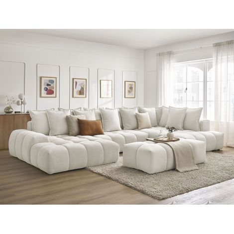 BOBOCHIC - Canapé panoramique convertible coffre EVEREST tissu texturé avec pouf Angle gauche Blanc (1/5)