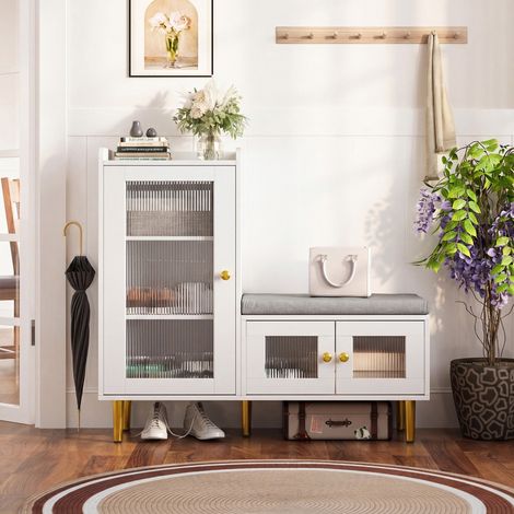Scarpiera - 100x35x90 cm - Mobile da ingresso con panca imbottita e ante in vetro ondulato per riporre oggetti - Bianco