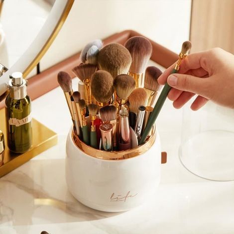 Seau de rangement pour pinceau de maquillage rotatif, rouge à lèvres crayon à sourcils cosmétiques boîte de stockage de poussière (1/4)