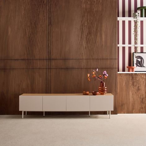 Meuble TV métal et décor bois 4 portes 180cm beige et naturel - Ashton (1/5)